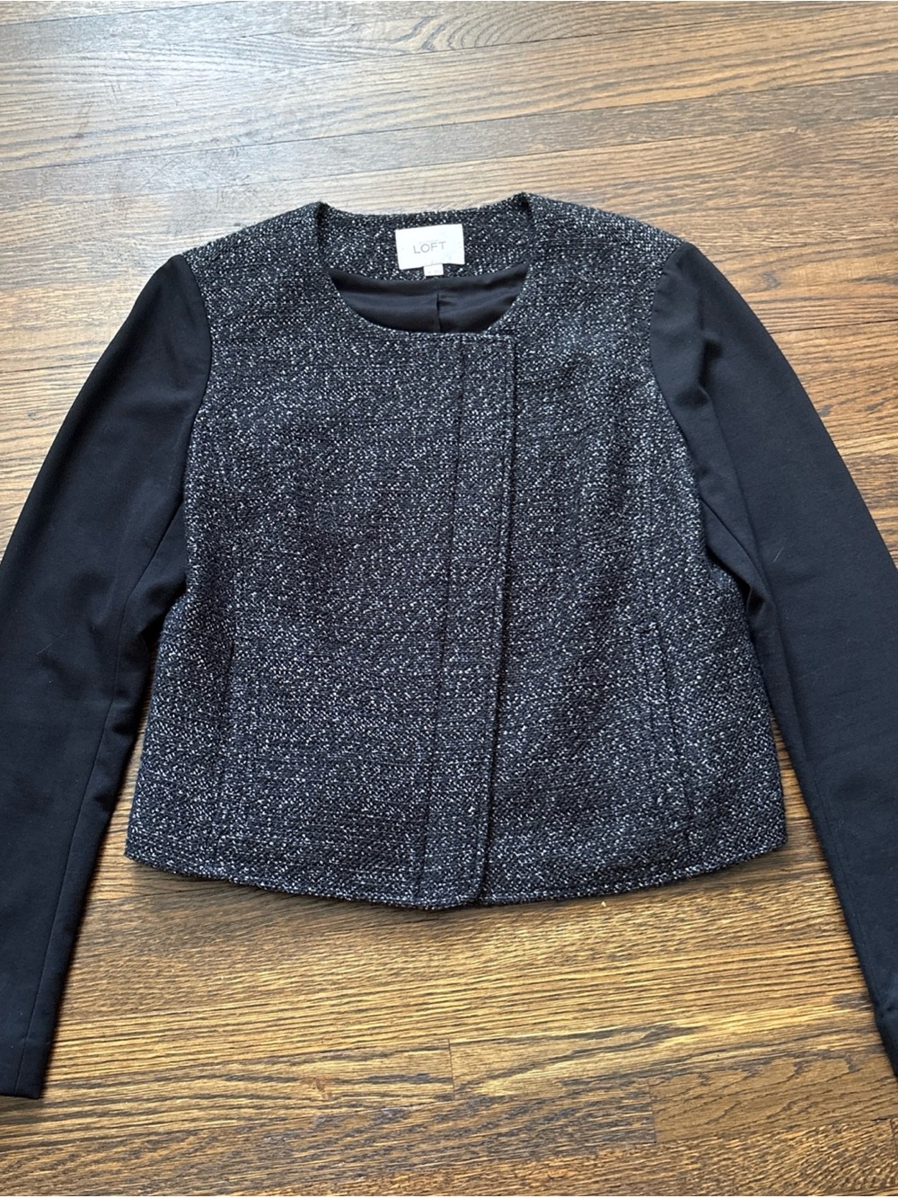 LOFT Black Tweed Front Jacket with Knit Sleeves